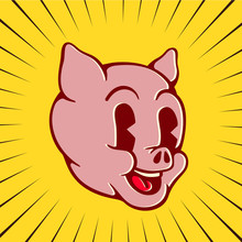 Vintage Toons: Retro Cartoon Pig Character Face, Happy Smiling Piglet Pork Swine