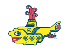 Yellow Submarine Diving In The Depths Of Sea, Sixties Psychedelic Art Cartoon Illustration