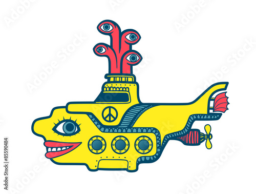 Láminas Yellow submarine diving in the depths of sea, sixties psychedelic art cartoon il