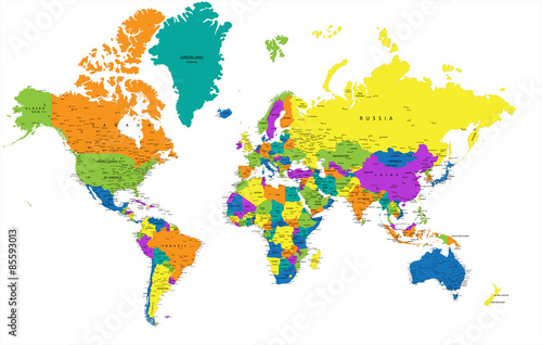 Board z aluminiowym obramowaniem Kolorowa polityczna mapa świata z wyraźnie oznaczonymi, oddzielonymi warstwami. 