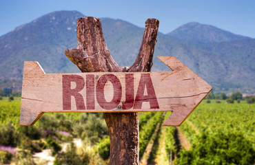 Wall Mural - Rioja wooden sign with vineyard background