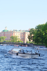 Wall Mural - St. Petersburg, Russia, June, 7, 2015: boat on a Moika river in St. Petersburg