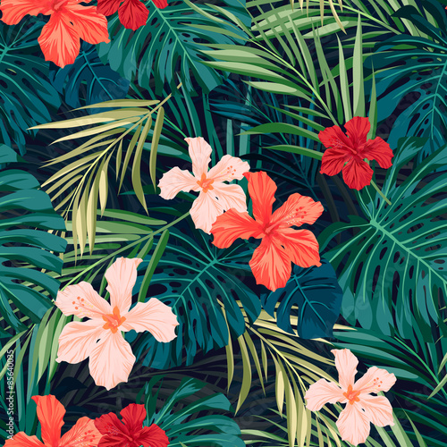 Bright colorful tropical seamless background with leaves and