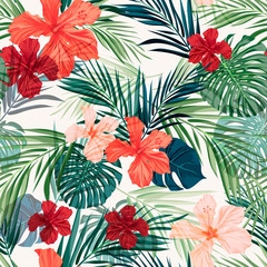Wall Mural - Bright colorful tropical seamless background with leaves and