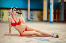 Beautiful Pin Up Woman Bikini Model Girl At Beach