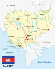 Canvas Print - cambodia road map with flag