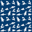 Sharks silhouettes seamless pattern. white on blue Background.