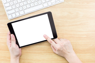 Wall Mural - digital tablet computer with hand and finger pointing on empty s