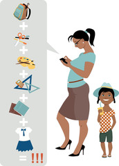 Concerned woman calculating a necessary budget for back to school shopping, her daughter standing next to her, EPS 8, no transparencies, vector illustration