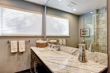 Wall Mural - Luxury bathroom with white and grey marble and glass shower.