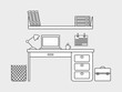 Working computer desk, laptop, lamp, computer chair, vector illustration linear