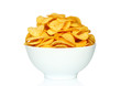 Potato chips bowl on a white background close-up