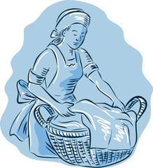 Poster - Laundry Maid Basket Vintage Etching
