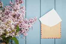 Vintage Postage Envelope With Card And Summer Bouquet Of Lilac