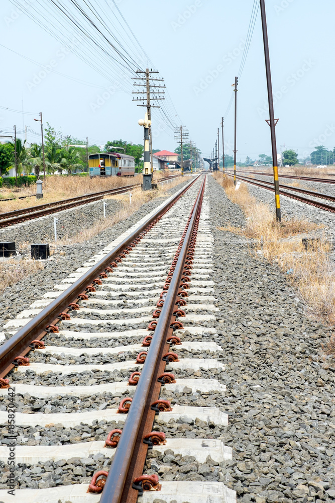 Vacant Rail way switch track with yellow die grass Stock Photo | Adobe ...