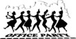 Black vector silhouette of group of people dressed in late 1950s fashion dancing conga line, no white objects, office party lettering at the bottom, streamer on top, EPS 8