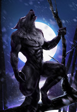 Fantasy Artwork Of Werewolf Howling Beast On A Tree Howling On Full Moon In Snow Woods Background.