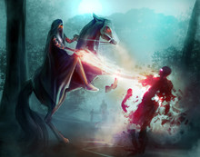 Fantasy Horseman In A Hood Fighting Zombies In Dark Woods With Sorcery And Magic.