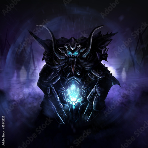 Plakat Fantasy horror czarny stalowy potwór Sci-fi z różnymi twarzami i neonowymi futurystycznymi światłami.