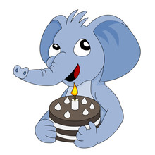 Illustration With Cute Blue Elephant Boy Holding A Birth Day Cake With One Burning Candle, Isolated On A White Background