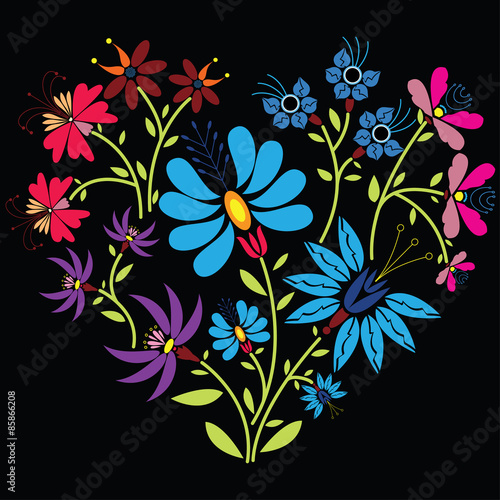 Dekoracja na wymiar  kolorowy-kwiatowy-wzor-ludowy-w-ksztalcie-serca-na-czarnym-tle