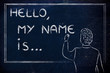 new teacher writing on blakboard: Hello, my name is...