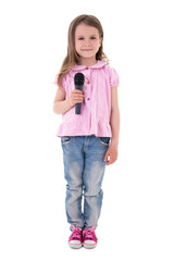 Wall Mural - cute little girl with microphone isolated on white