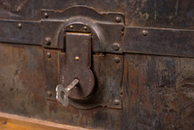 Close Up Of Lock And Key Of Antique Wooden Trunk