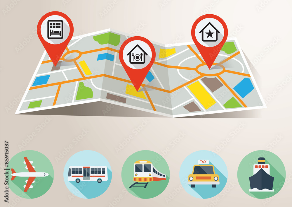 Travel Map Sign Travel Map with GPS Pin Mark and Transportation Flat Icons Stock Vector ...