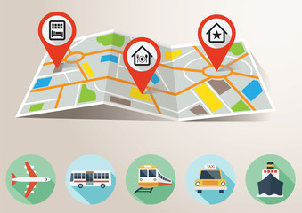 travel map with gps pin mark and transportation flat icons