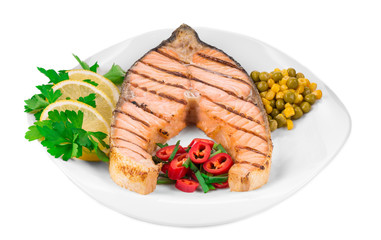 Sticker - Grilled salmon steak with vegetables.