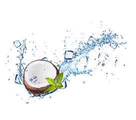 Wall Mural - Coconut with water splashes on white