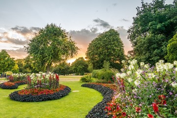  Flower beds in Hydepark in London at evening