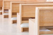 Empty Wooden Church Pews In A Modern Church Or Chapel