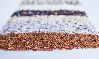 Food background with of rice variety . rice mixture. brown rice,