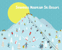 Cartoon Mountains Skyline Ski Resort Seamless Border Pattern