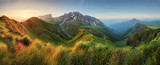 Fototapeta Fototapety góry  - Mountain sunrise panorama in Dolomites, Passo Giau