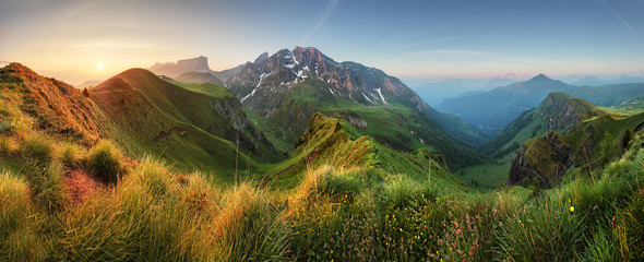 Poster - Mountain sunrise panorama in Dolomites, Passo Giau