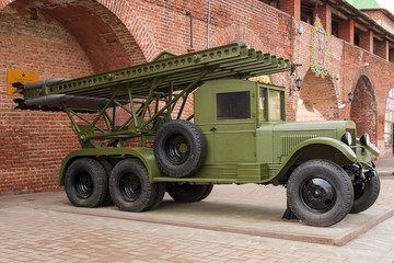 Old military technology on the background of the old walls of the Kremlin in Nizhny Novgorod