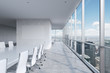 © ImageFlow - Modern panoramic conference room. A white rectangular table and chairs around it. New York City view.