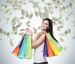 Beautiful smiling brunette woman with the colourful shopping bags from the fancy shops. Falling dollar notes from the ceiling.