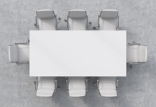Top View Of A Conference Room. A White Rectangular Table And Eight Chairs Around. 3D Interior.