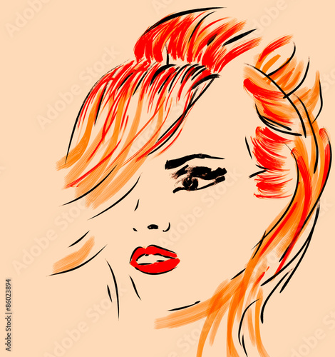 Plakat na zamówienie Woman Face Illustration in Retro Style. Portrait of a Ginger Hair Girl