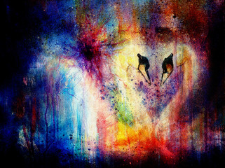 Romantic two swans on color abstract structure background. Rainb