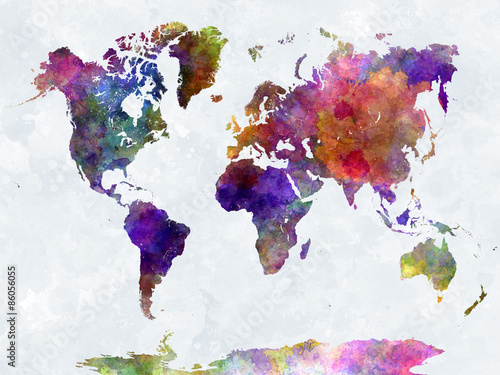 Obraz w ramie World map in watercolorpurple and blue