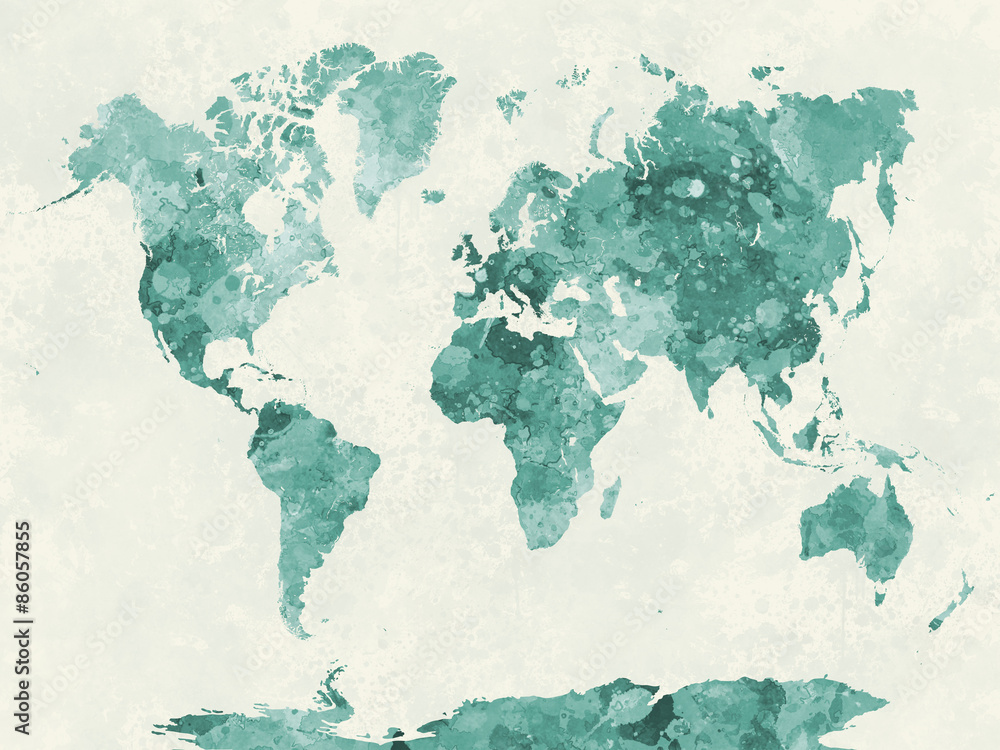 Mapa świata w zieleni akwarela - obrazy, fototapety, plakaty 