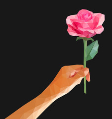 polygonal rose in her hand isolated low poly line on a black bac