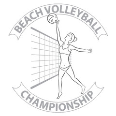 Woman beach volleyball player in sketch freehand drawing style. Beach volleyball championship conceptual label or a fashion print.