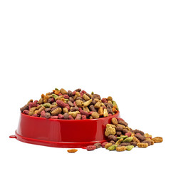 Multicolored dry cat or dog food in red bowl isolated on white b