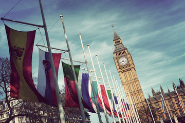 Wall Mural - Row of International Flags in front of Big Ben